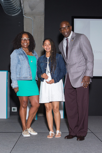 Oakland A's Detra Paige and Atlanta Falcons VP present the Middle School Student Athlete of the Year Award to Liz Sanchez, Montera!