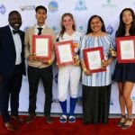 Pac-12 Conference executive, Will Hunter honored the following OAL Most Valuable Players (left to right) - Anthony Calderon, LPS Hayward Boy's Soccer -Jamie Burgasser, Oakland Tech Softball -Melesungu 'Ofa, Skyline,Girl's Volleyball -Andrea Zak-Lee, Oakland Tech Lacrosse