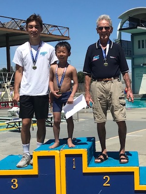 Team Sherman Swim Divers, Daniel Zabronsky (17), Timmy Ho (7), and Bob Sherman (91 — one of the oldest divers still competing in the country!)