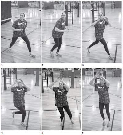 Team USA Volleyball, Lindsey Berg, Step, crossover footwork is another good way to get your feet to the ball. Once you turn toward your target (photos 5 and 6), finish by using the same footwork demonstrated on page 34 – pushing off with your left foot and stepping forward with your right.