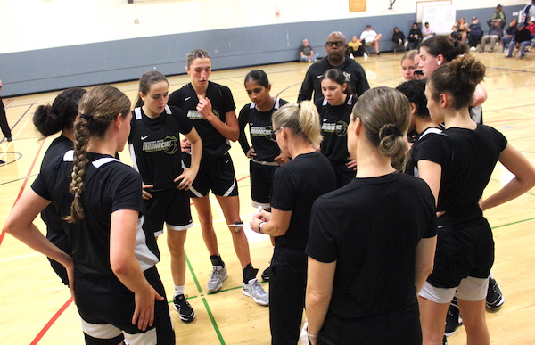 Mitty Girls Basketball, team huddle