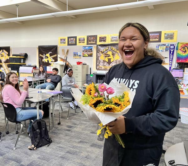 Antioch High junior Fifita Grewe react excitedly in her classroom after being named the Antioch Youth of the Year. 