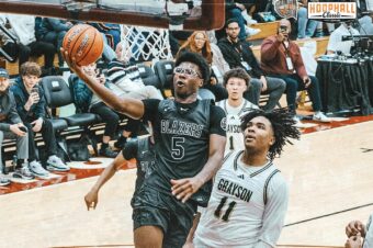 Bryce James leads Sierra Canyon boys basketball team to victory against Grayson at Hoophall Classic; Tounde Yessoufou guides Santa Maria St. Joseph to win