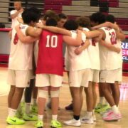Sophomores Jeremiah Potasi and Michael Galvin step up for Mater Dei boys volleyball team in victory in Division 2 regional playoff opener against scrappy St. Augustine