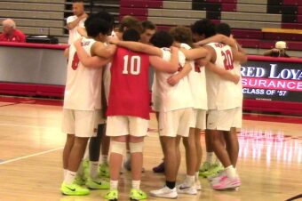 Sophomores Jeremiah Potasi and Michael Galvin step up for Mater Dei boys volleyball team in victory in Division 2 regional playoff opener against scrappy St. Augustine