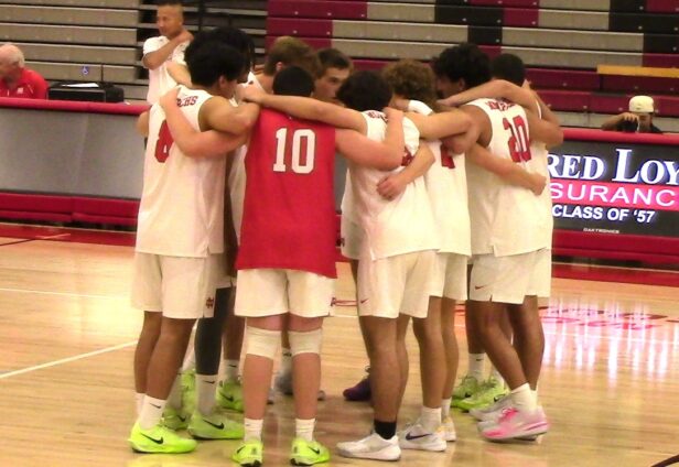 Sophomores Jeremiah Potasi and Michael Galvin step up for Mater Dei boys volleyball team in victory in Division 2 regional playoff opener against scrappy St. Augustine