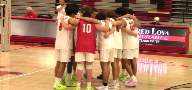 Sophomores Jeremiah Potasi and Michael Galvin step up for Mater Dei boys volleyball team in victory in Division 2 regional playoff opener against scrappy St. Augustine