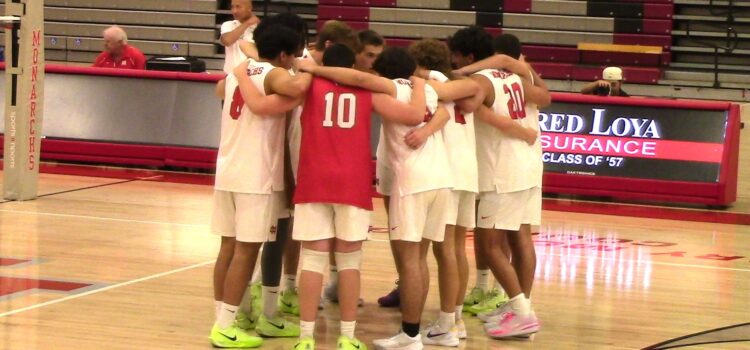 Sophomores Jeremiah Potasi and Michael Galvin step up for Mater Dei boys volleyball team in victory in Division 2 regional playoff opener against scrappy St. Augustine